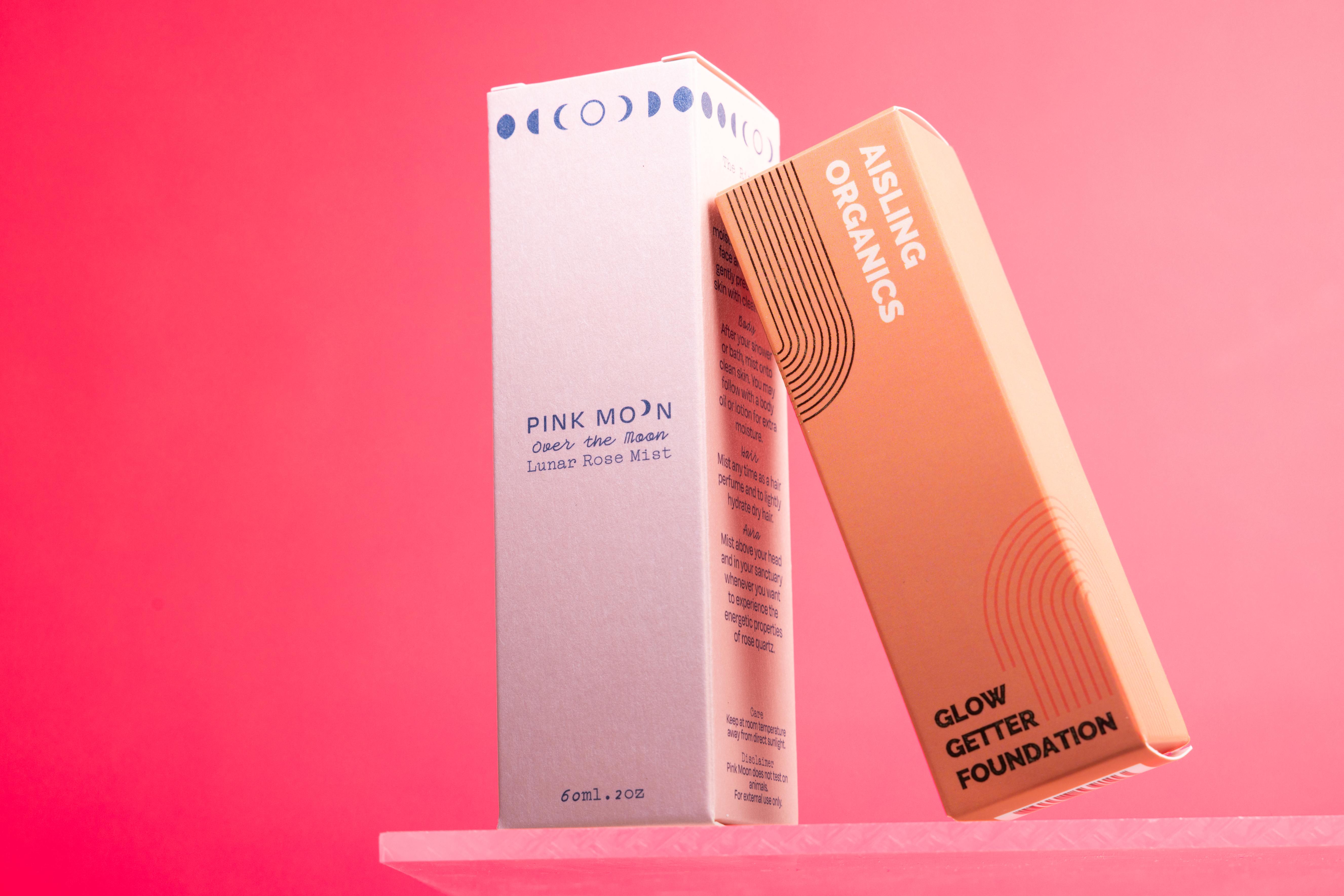 Minimalist skincare product packaging on display