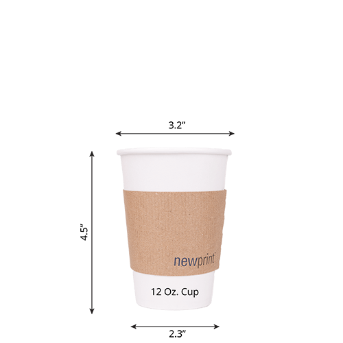 12 oz coffee cup with a printed sleeve around it.