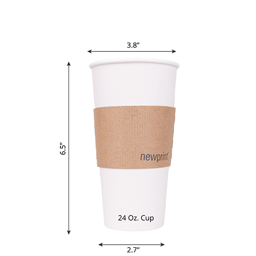 24 oz coffee cup with a printed sleeve around it.